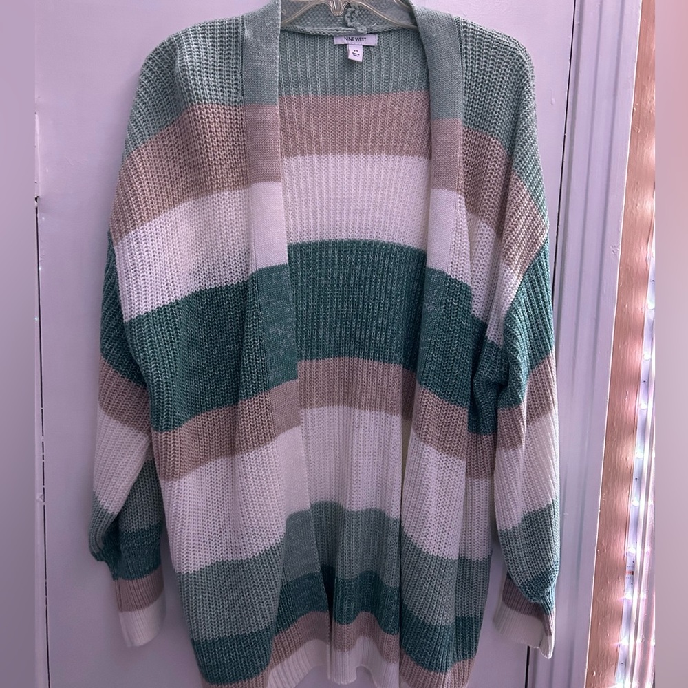 Nine West green/tan/cream striped knit cardigan belted with sash sz S EUC